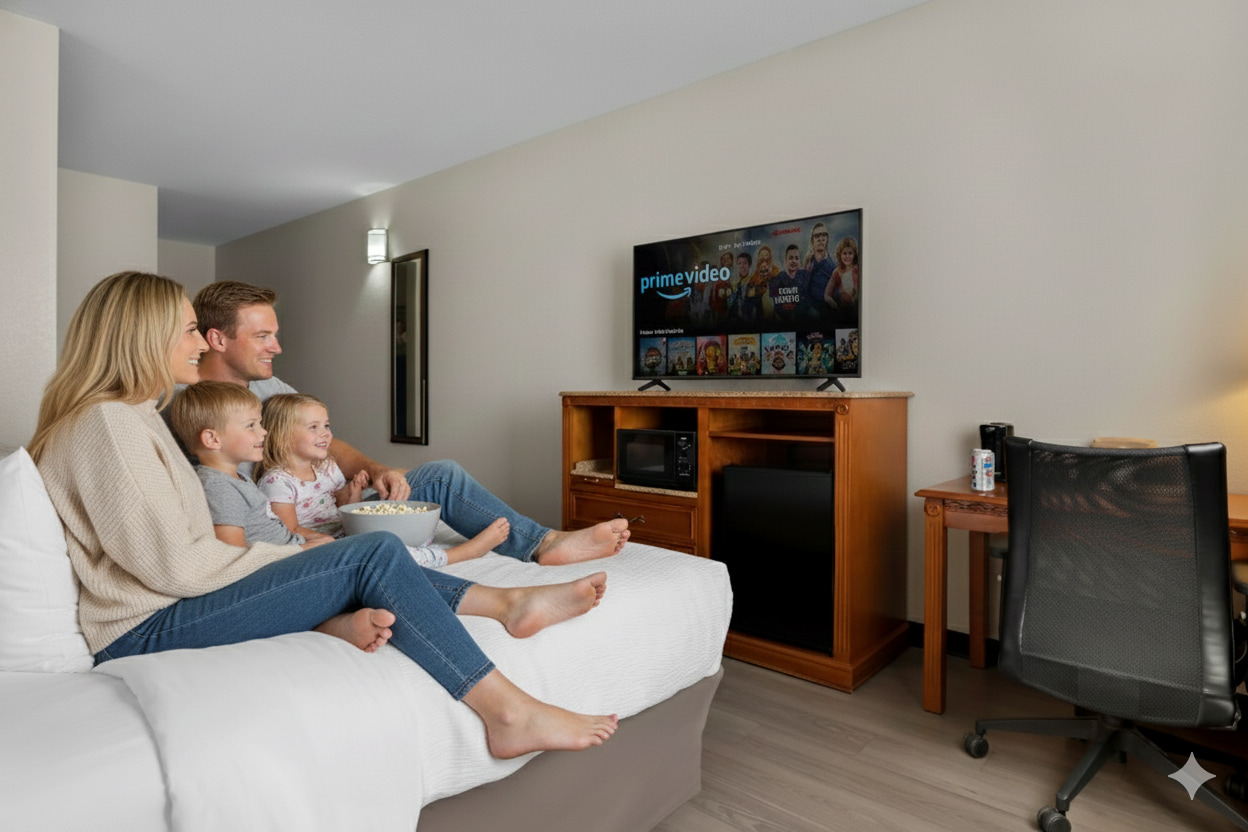 Family streaming Amazon Prime Video on Smart TV at Quality Inn & Suites McAlester on Hwy 69