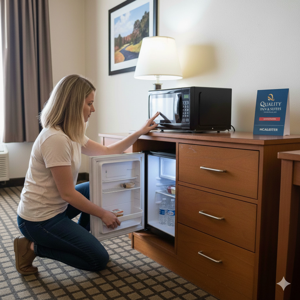 Guest using in-room mini-fridge at Quality Inn & Suites McAlester on Hwy 69